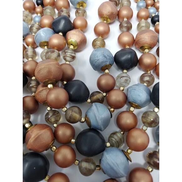 VINTAGE JAPAN SIX STRAND BEADED NECKLACE COPPER BRONZE BROWN BLUE HOOK CLOSURE - Picture 9 of 12